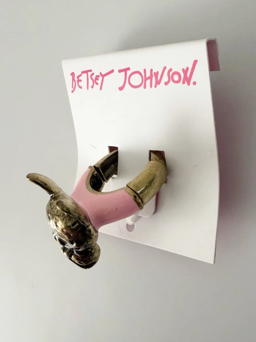 Betsey Johnson Frenchie Bulldog Gold Tone Pink Stretchy Ring NWT